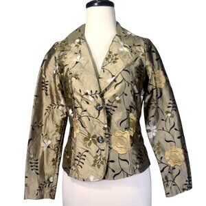 Loco Lindo Vtg Inspired Silk Jacket Tan Floral Embroidered SZ XS Made In USA